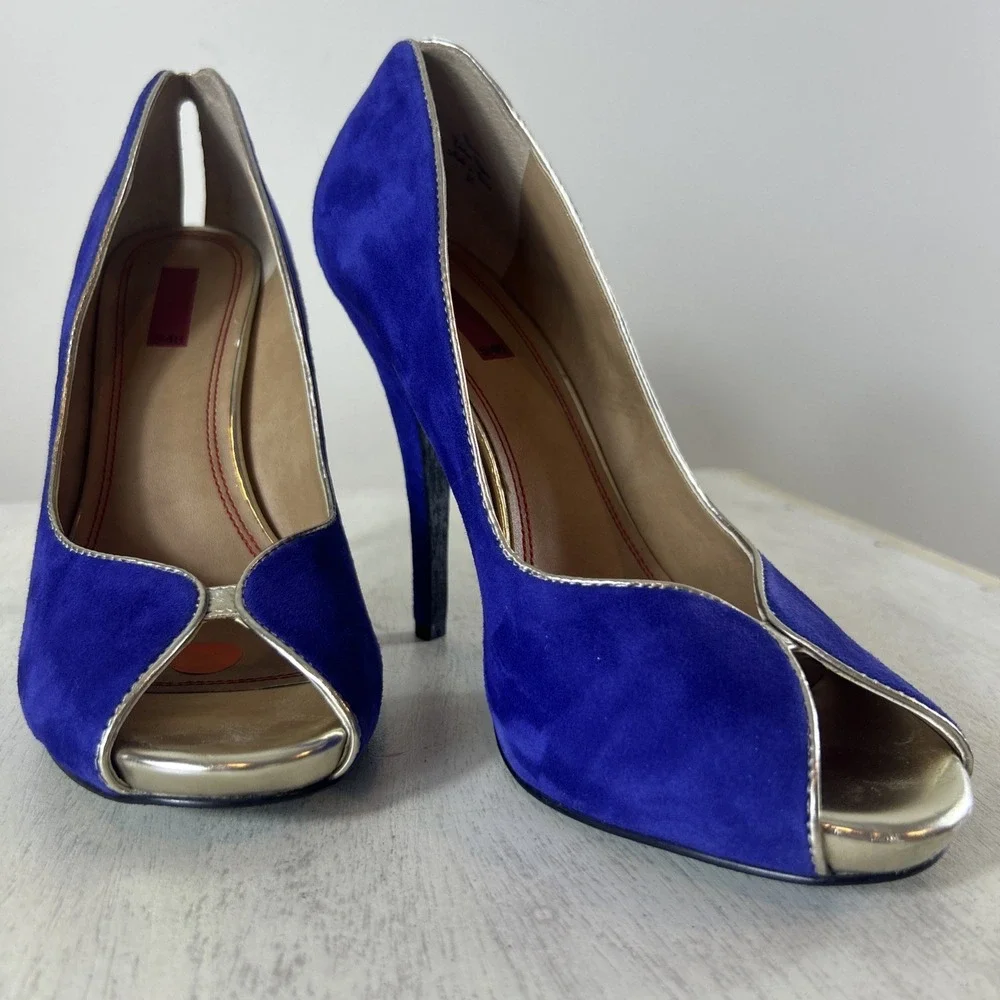 Saks Fifth Avenue 5/48 Royal‎ Blue Silver Suede Stiletto Heels Women Size EU 40